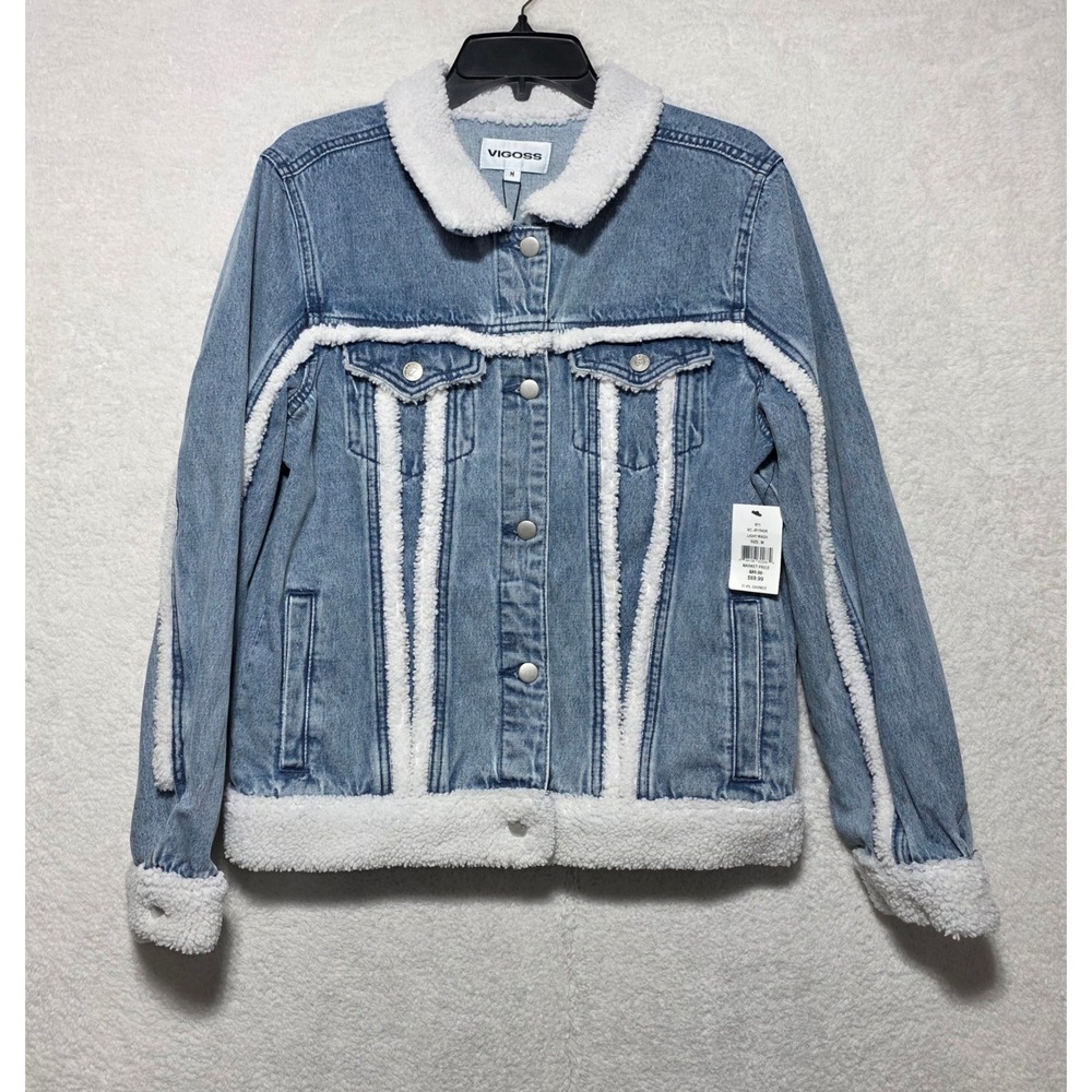 Vigoss Women's Light Wash Denim Faux Shearling Trim Trucker Jacket Size M